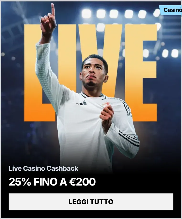 Live casino cashback 25 fino a eur200